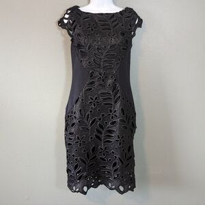 Eva Franco Black Jamila Cap Sleeve Cut Out Floral Lace Midi Dress Size 4
